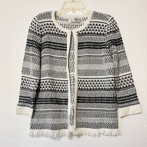 KASPER‎ Black White Stripe Knit Open  Front Cardigan Sweater Small Fringe Hem